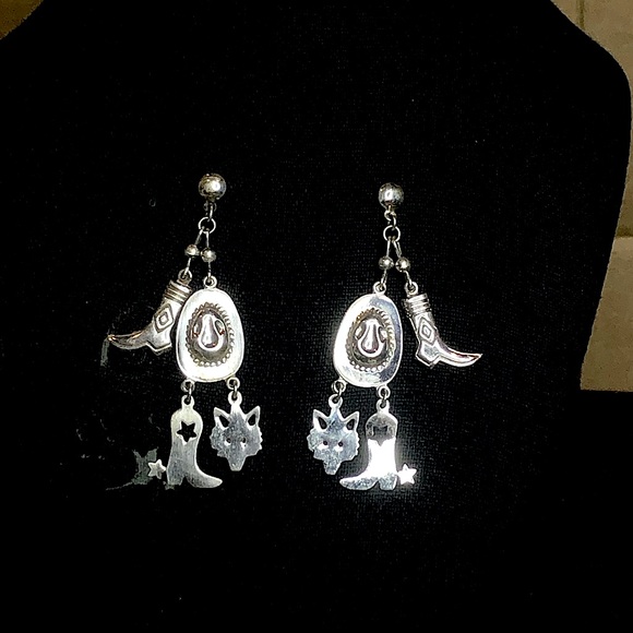 Vintage Sterling Silver Western Drop Dangle Hat Boots Spurs Coyote Post Earrings - Picture 7 of 10